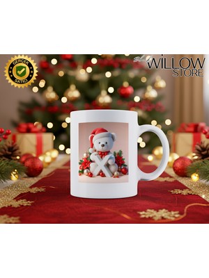 Willow Store Noel Ayıcık Temalı x Harfi Porselen Kupa Bardak,hediyelik,yılbaşı,isim Temalı,merry Christmas