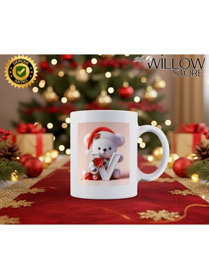 Willow Store Noel Ayıcık Temalı V Harfi Porselen Kupa Bardak,hediyelik,yılbaşı,isim Temalı,merry Christmas