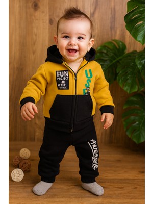 CemBebe Erkek Bebekler Için Kışlık Kalın Içi Pamuklu Sıcak Tutan Eşofman Takımı