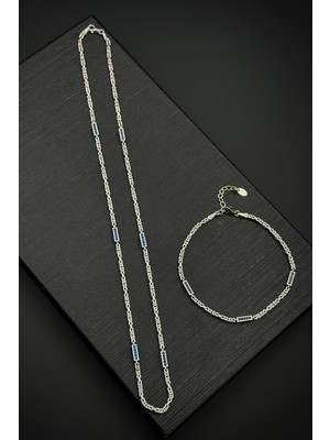 Frnch 925 Ayar Gümüş Italyan Model Lacivert Zirkon Taşlı Gümüş Renk Erkek Bileklik/kolye Set FRJ12609-3609-L