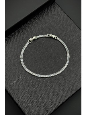 Frnch Beyaz Baget Zirkon Taşlı Gümüş Renk Tennis Erkek Bileklik FRJ12513-3513-A