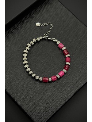 Frnch 316L Çelik ve Akik Doğal Taşlı Pembe Renk Erkek Bileklik FRJ12373-3373-P