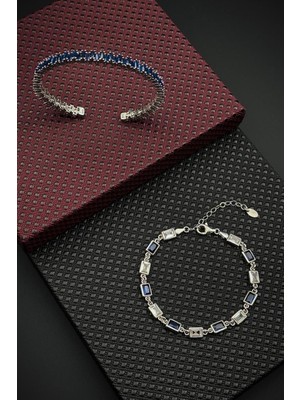 Frnch 925 Ayar Gümüş Lacivert Zirkon Taşlı Gümüş Renk Erkek Bileklik Set FRJ12696-3696-L