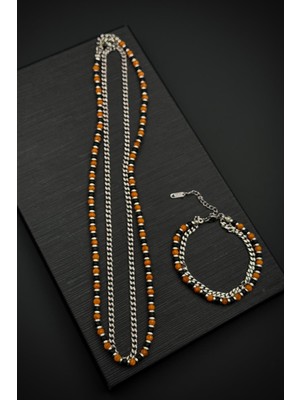 Frnch 316L Çelik Onyx ve Sedef Doğal Taşlı Turuncu Renk Erkek Bileklik/kolye Set FRJ12551-3551-KB