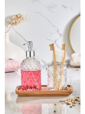 Lora Bianca Paku Cam Sıvı Sabunluk, Diş Fırçalık ve Ahşap Stand - 3 Parça Banyo Seti