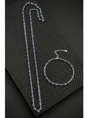 Frnch 925 Ayar Gümüş Lacivert Zirkon Taşlı Gümüş Renk Erkek Bileklik/kolye Set FRJ12674-3674-L