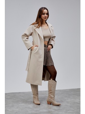 Bolivente Bej Premium Oversize Kemerli Kaşe Kaban