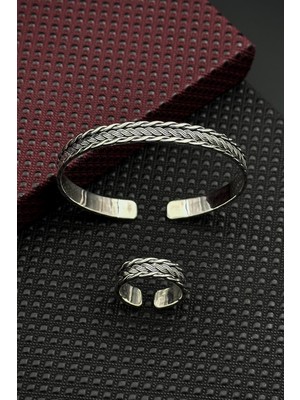 Frnch 925 Ayar Gümüş Italyan Model Gümüş Renk Erkek Bileklik/yüzük Set FRJ12661-3661-A5