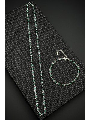 Frnch 925 Ayar Gümüş Yeşil Zirkon Taşlı Gümüş Renk Erkek Bileklik/kolye Set FRJ12674-3674-Y