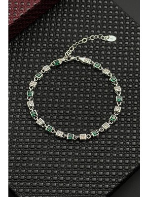 Frnch 925 Ayar Gümüş Yeşil-Beyaz Zirkon Taşlı Gümüş Renk Erkek Bileklik FRJ12717-3717-YA