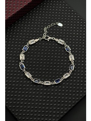 Frnch 925 Ayar Gümüş Lacivert-Beyaz Zirkon Taşlı Gümüş Renk Erkek Bileklik FRJ12677-3677-LA
