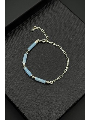 Frnch 925 Ayar Gümüş ve Aqua Marine Doğal Taşlı Mavi Renk Erkek Bileklik FRJ12410-3410-M