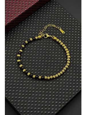 Frnch 316L Çelik ve Onyx Doğal Taşlı Altın Renk Erkek Bileklik FRJ12694-3694-B2G