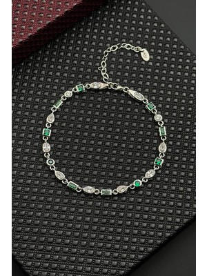 Frnch 925 Ayar Gümüş Yeşil-Beyaz Zirkon Taşlı Gümüş Renk Erkek Bileklik FRJ12719-3719-YA