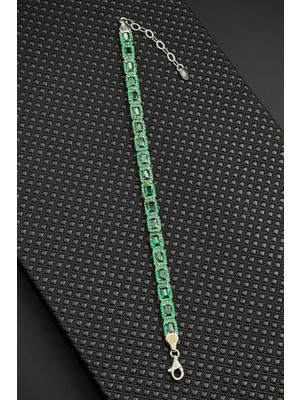 Frnch 925 Ayar Gümüş Yeşil Baget Zirkon Taşlı Gümüş Renk Erkek Bileklik FRJ12644-3644-Y