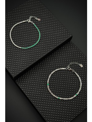 Frnch 925 Ayar Gümüş Italyan Model Yeşil Zirkon Taşlı Gümüş Renk Erkek Bileklik Set FRJ12617-3617-Y