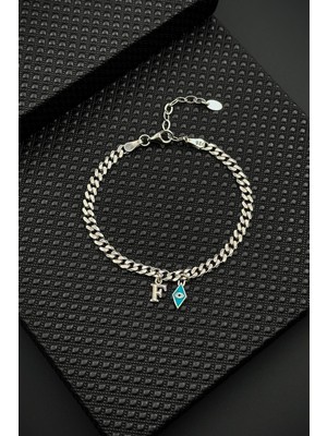 Frnch 925 Ayar Gümüş Italyan Model Nazar Boncuğu ve Harfli Gümüş Renk Erkek Bileklik FRJ12229-3229-M