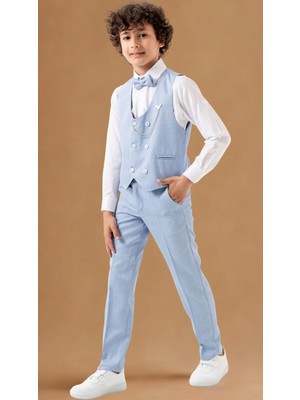 Bebe Mavi Erkek Çocuk Smokin Takım Elbise 5’li Set – Pantolon, Yelek, Papyon, Gömlek, Zincir ile Şık Tasarım