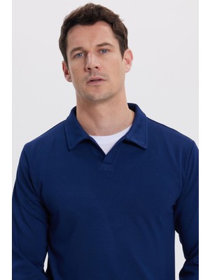 Tudors Erkek Relax Fit Rahat Kesim Polo V Yaka Açık Lacivert Sweatshirt