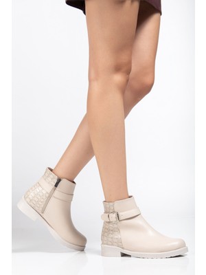 Zerenyus ZRİN-204 Premium Bej Kroko Tokalı Fermuarlı Günlük Kadın Bot