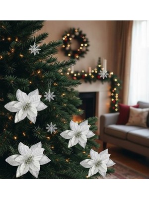Empressco 2'li Yılbaşı Çam Ağacı Süsü, Ponsetya Çiçek, Büyük Simli Işıltılı, 13 cm