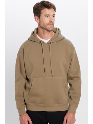 Tudors Unisex Oversize Geniş Kesim Pamuklu Yumuşak Dokulu İçi Polarlı Basic Haki Kapüşonlu Sweatshirt