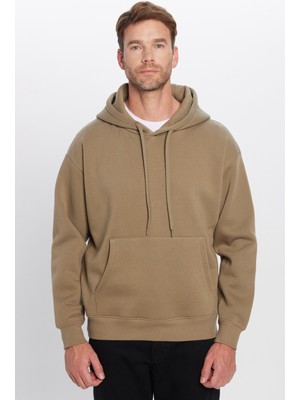 Tudors Unisex Oversize Geniş Kesim Pamuklu Yumuşak Dokulu İçi Polarlı Basic Haki Kapüşonlu Sweatshirt