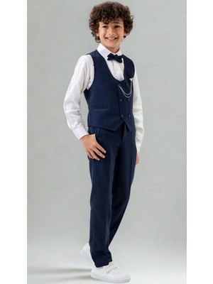 Erkek Çocuk Smokin Takım Elbise – Pantolonlu Yelekli Papyonlu Gömlekli Zincirli 5’li Set