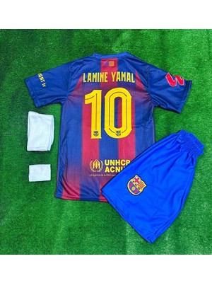 Andream Barcelon'a 2025/26 Yeni Sezon Lamine Yamal 10 Numara Futbol Çocuk Forması 4'lü Set Çorap + Bileklik Hediyeli