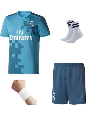 Andream Ronaldo Real Madri'd 2018 Sezon Turkuaz Futbol Çocuk Forması 4'lü Set Çorap + Bileklik Hediyeli