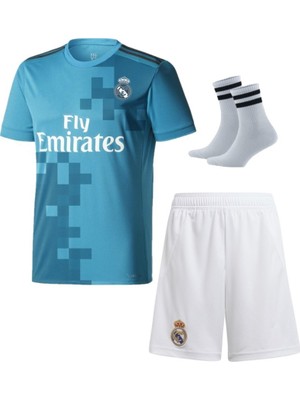 Andream 2018 Şampiyonlar Ligi Ronaldo Turkuaz Futbol Çocuk Forması 3'lü Set (Beyaz Şortlu)