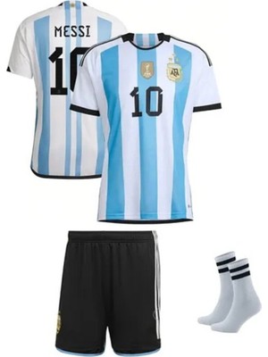 Andream Arjantin 2023/2024 Sezon Messi Dünya Kupası 3 Yıldız Futbol Çocuk Forması 3'lü Set Çorap Hediyeli