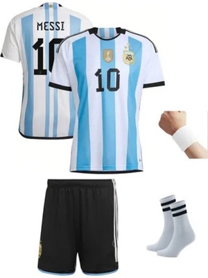 Andream Arjantin 2023/2024 Sezon Messi Dünya Kupası 3 Yıldız Futbol Çocuk Forması 4'lü Set Çorap+Bileklik Hediyeli