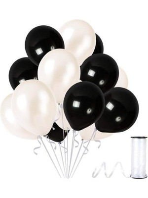 Empressco 50 Adet Metalik Sedefli Beyaz ve Siyah Balon Seti