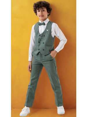 Erkek Çocuk Smokin Takım Elbise – Pantolonlu Yelekli Papyonlu Gömlekli Zincirli 5’li Set