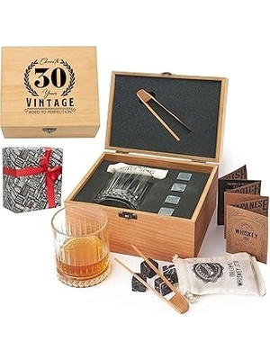 30 Yaş Tasarımlı Ahşap Kutulu Tekli Glasgow Viski Kadeh Seti + 4 Soğutucu Taş Seti