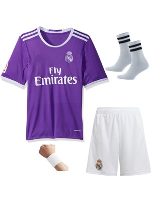 Andream 2016/17 Real Madri'd Ronaldo Mor Futbol Çocuk Forması 4'lü Set (Beyaz Şortlu) Çorap +Bileklik Hediyeli