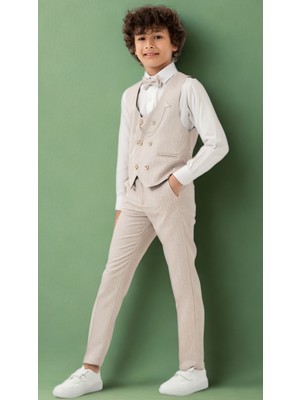 Erkek Çocuk Smokin Takım Elbise – Pantolonlu Yelekli Papyonlu Gömlekli Zincirli 5’li Set