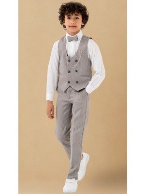 Erkek Çocuk Smokin Takım Elbise – Pantolonlu Yelekli Papyonlu Gömlekli Zincirli 5’li Set
