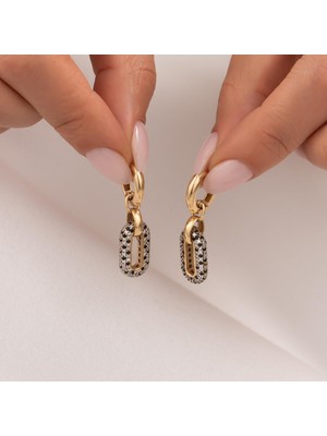 Hakan Mücevherat Sallantılı Siyah Taşlı 14 Ayar Altın Küpe