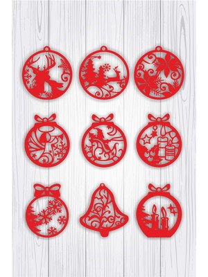 Empressco Beyaz Ahşap Yılbaşı Süsleri, 9'lu Kırmızı Set, Dekoratif ve Şık Tasarım