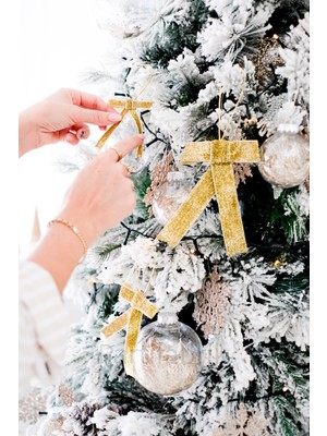 Empressco Yılbaşı Simli Gold Renk Ağaç Fiyonk Dekor Seti, 3 Adet, Parlak ve Şık Süsler