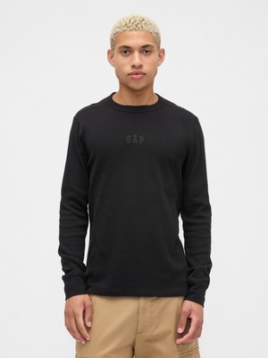 Gap Erkek Siyah Gap Logo Waffle-Knit Bisiklet Yaka T-Shirt