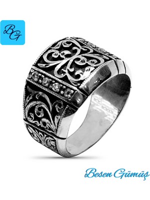 Besen Gümüş Erzurum Kalem İşi Zirkon Taşlı Gümüş Erkek Yüzük