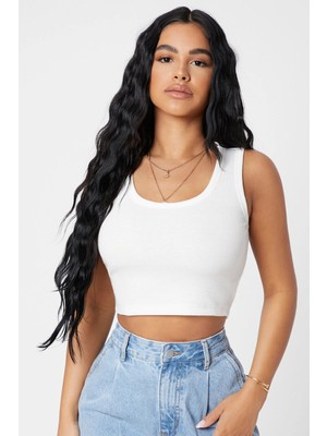 Marsilyan Kadın Beyaz Kare Yaka Crop Top Bluz