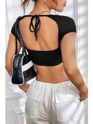 Marsilyan Kadın Siyah Sırt Dekolteli ve Boyundan Bağlamalı Yarım Kol Crop Top Bluz