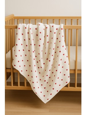 Omy Kırmızı Kalpli Organic %100 Pamuklu 85X90 cm Tek Kat Bebek Battaniye Ana Kucağı&kundak
