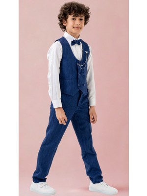 Erkek Çocuk Smokin Takım Elbise – Pantolonlu Yelekli Papyonlu Gömlekli Zincirli 5’li Set