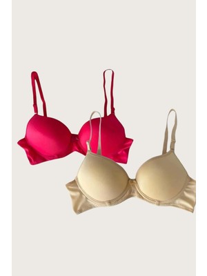 Marsilyan Ten-Kırmızı 2'li Mikro Kumaş Push Up Dolgulu Balenli Günlük Destekli Sütyen