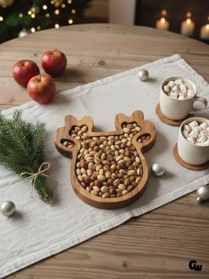 Yılbaşı Sunum Tabağı Noel Geyik Doğal Ahşap Çerez Tabağı(Kayın / Gürgen)